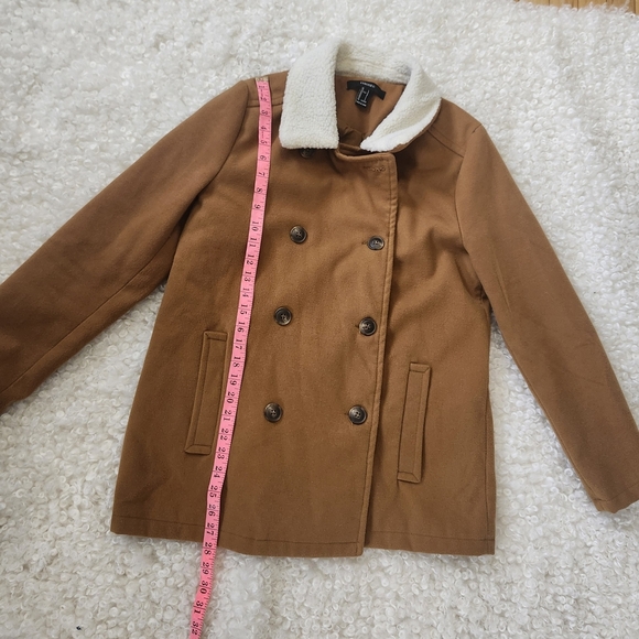 Forever 21 Tan Faux Fur Collar Brown Peacoat L Double Breasted Y2K Fall Winter - Picture 13 of 15